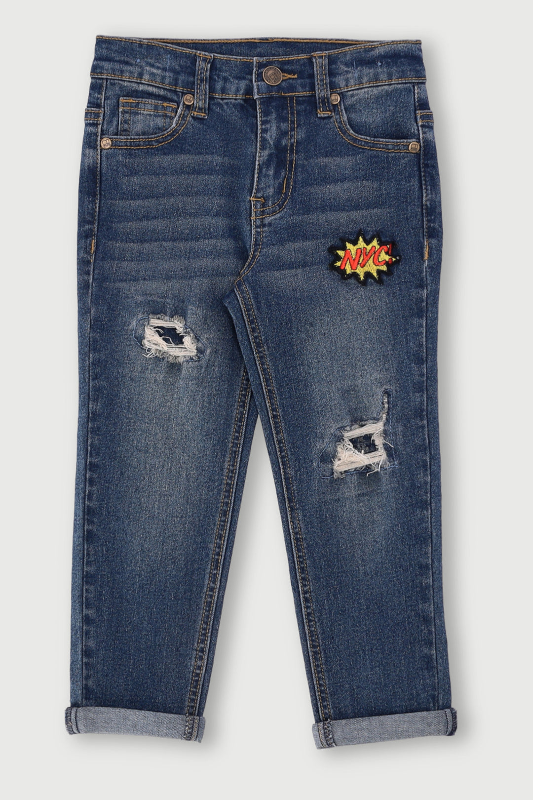Pre-Boys 3 Badge Rip & Repair Denim - Dark Blue