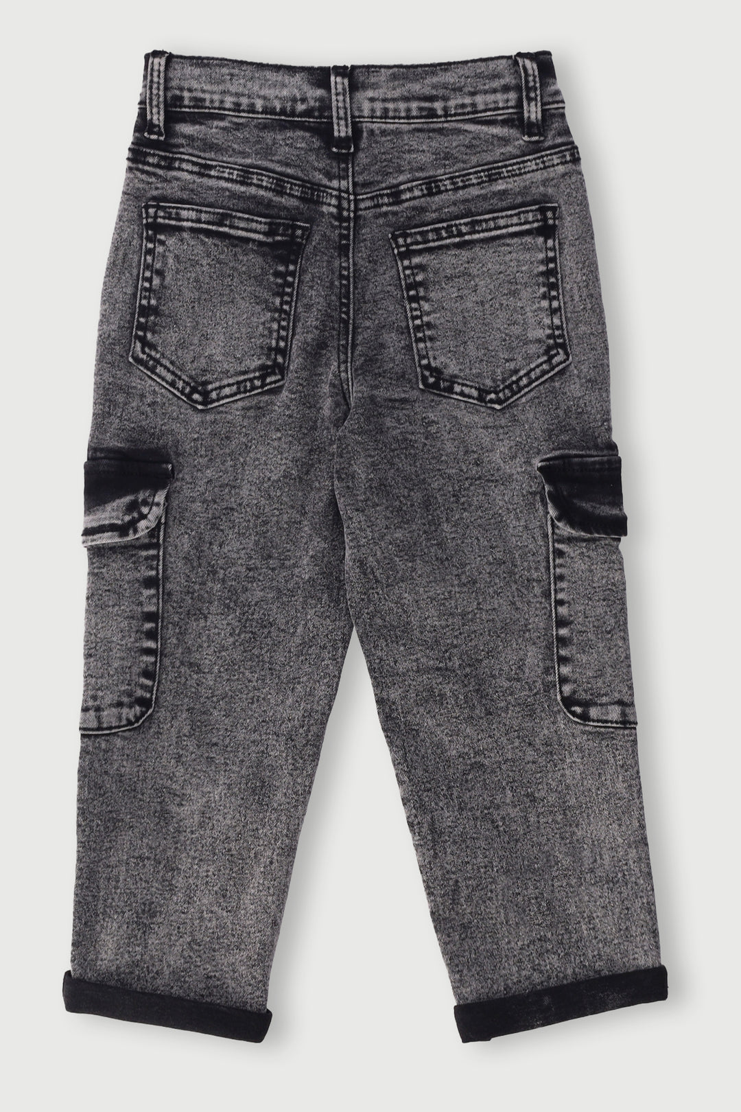 Pre-Boys Acid Wash Cargo Denim - Charcoal