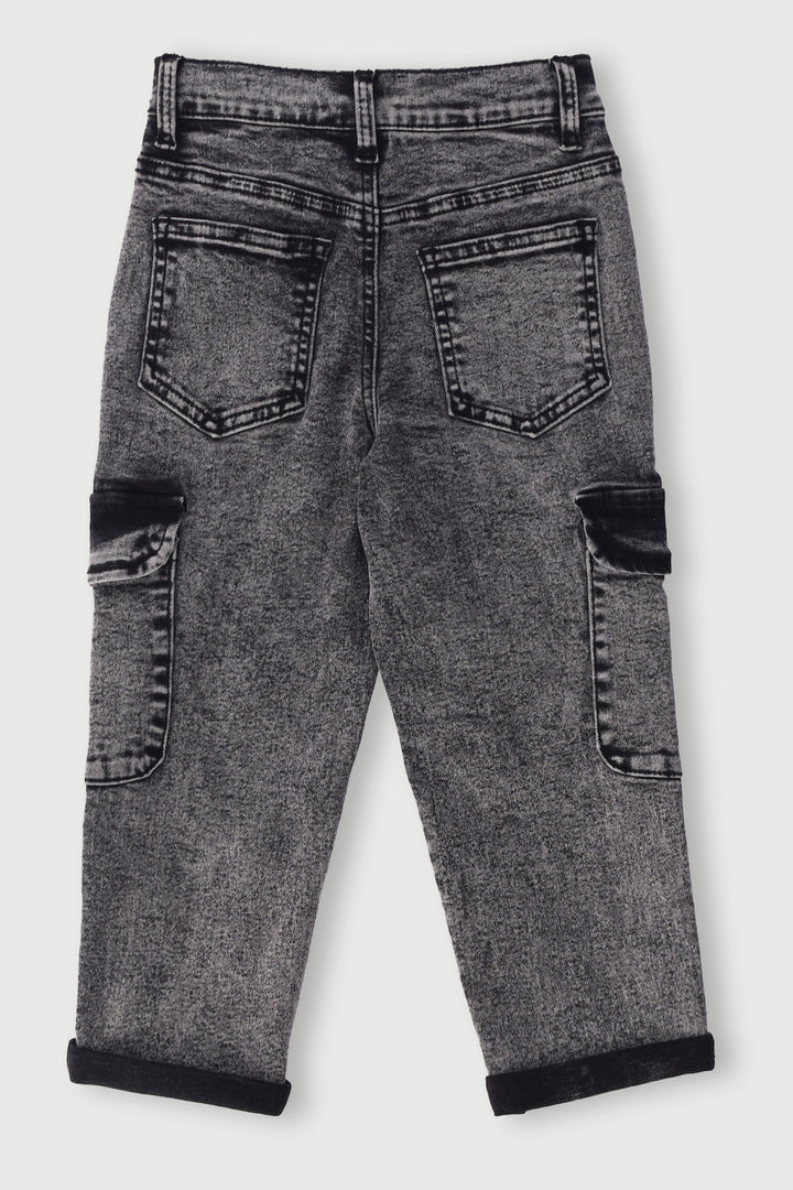 Pre-Boys Acid Wash Cargo Denim - Charcoal