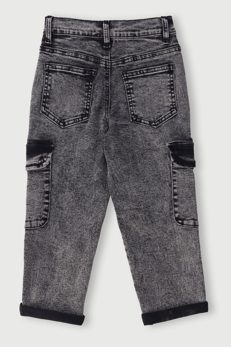 Pre-Boys Acid Wash Cargo Denim - Charcoal