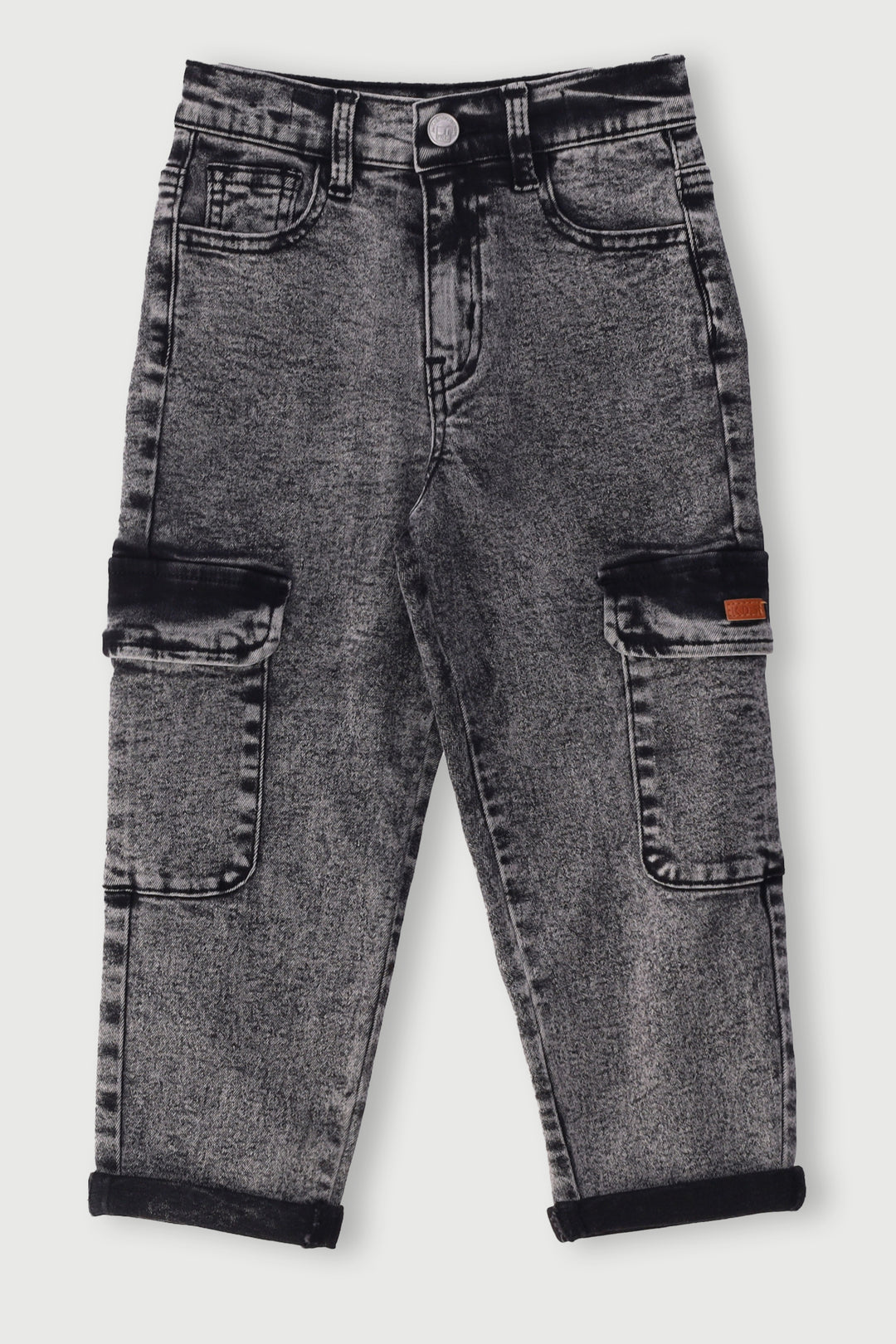 Pre-Boys Acid Wash Cargo Denim - Charcoal
