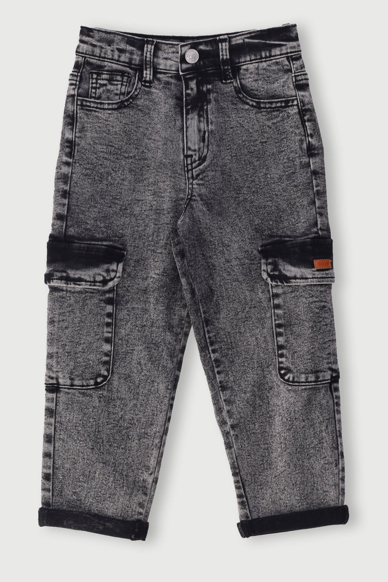 Pre-Boys Acid Wash Cargo Denim - Charcoal