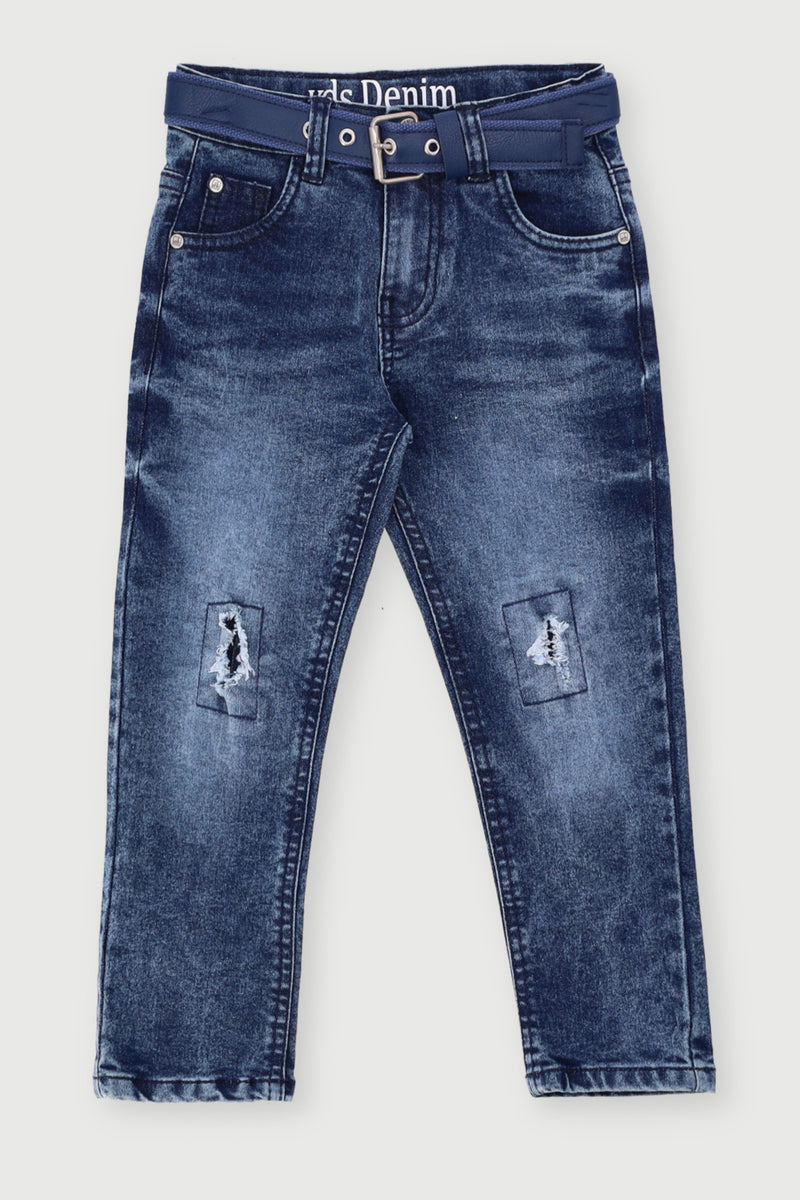 Pre-Boys Belted Crease Abrasion Denim - Dark Blue