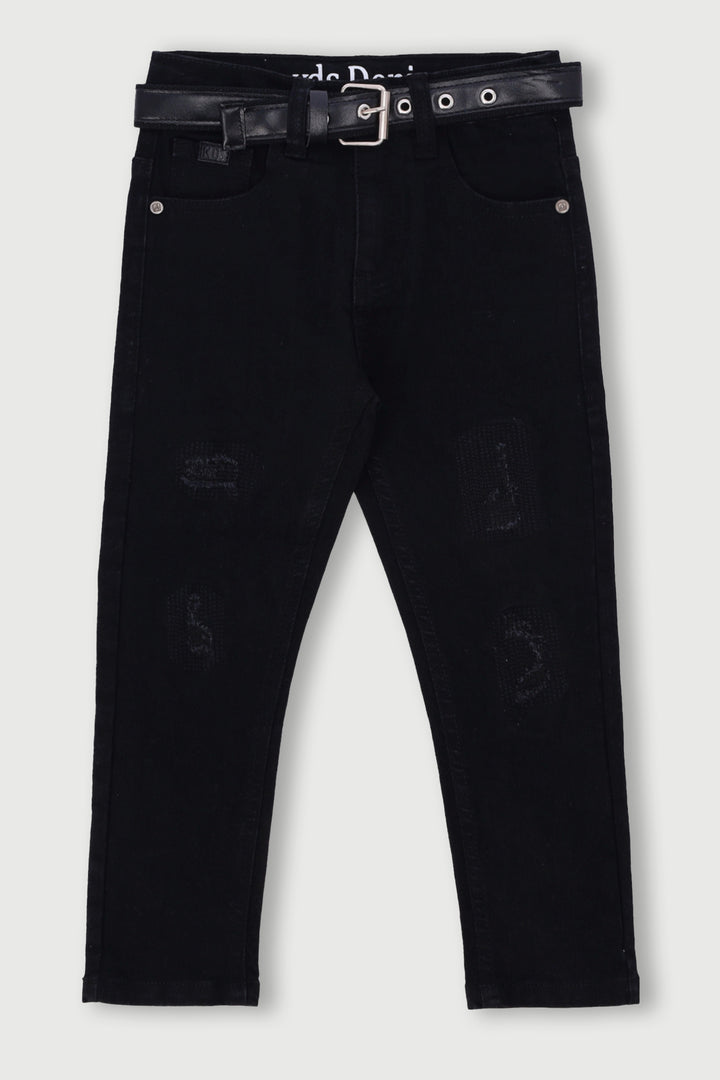 Pre-Boys Belted Crease Badge Denim - Black