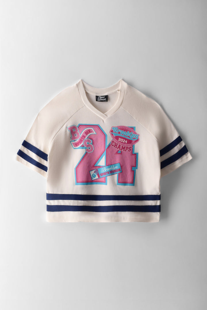 Girls Contrast Stripe Sports Jersey - Cream