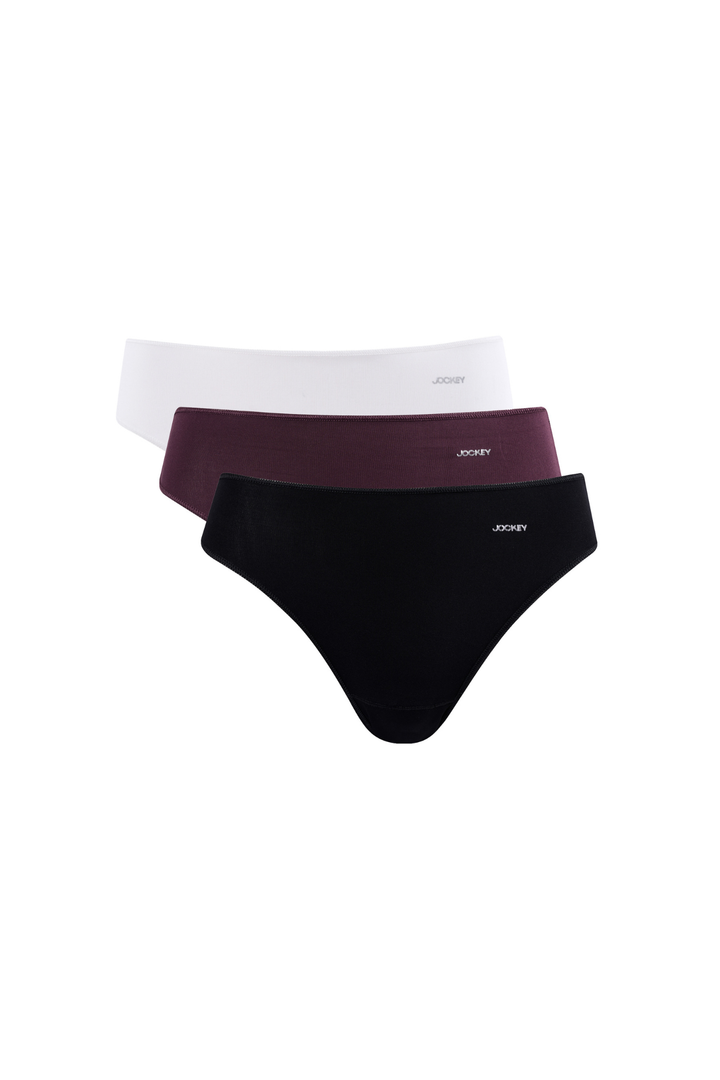 3 Pack Tonal Plain Thong Panties - Black/Ruby Red/Oatmeal