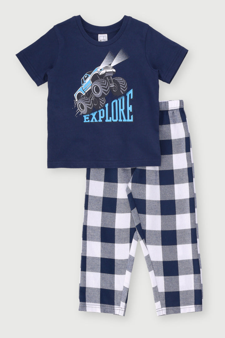 Pre-Boys Long Flannel Bottom Truck Sleep Set - Navy