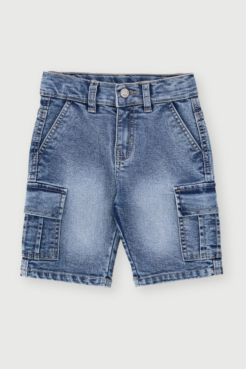 Pre-Boys Stone Wash Cargo Denim Short - Mid Blue