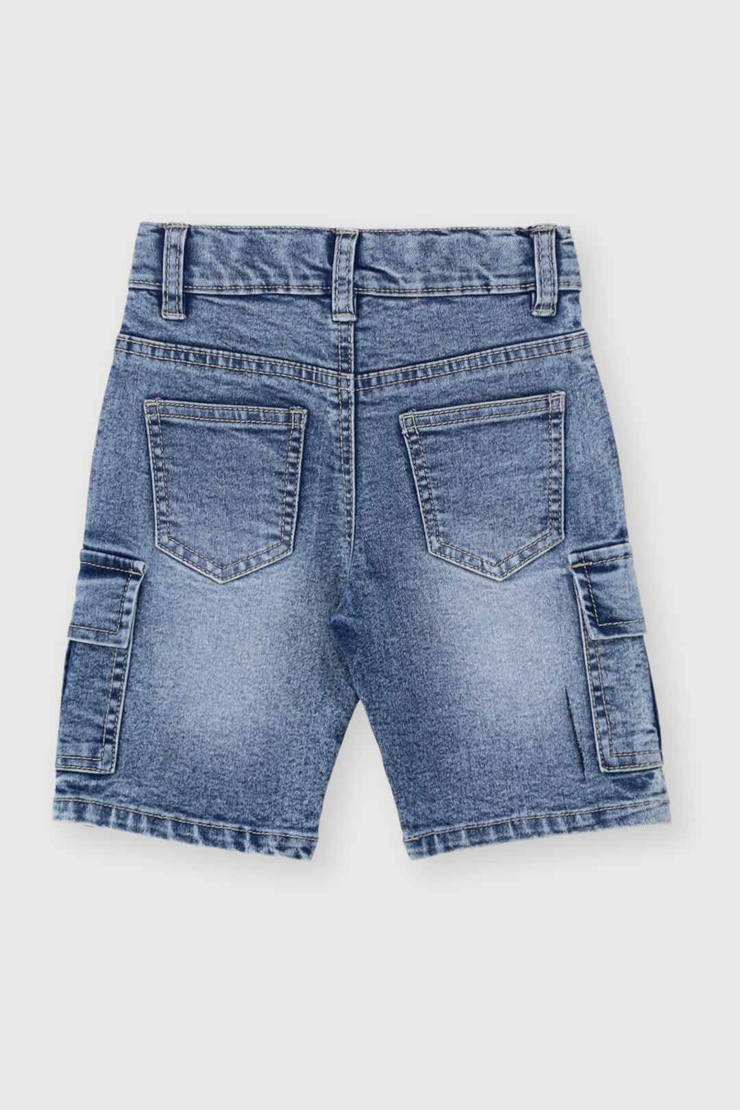 Pre-Boys Stone Wash Cargo Denim Short - Mid Blue