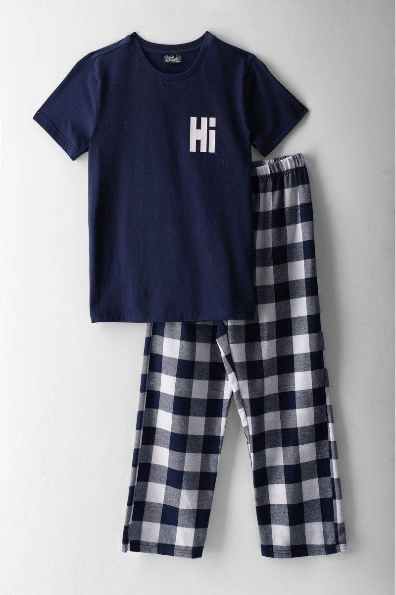 Boys Long Flannel Bottom "Hi" Sleep Set - Navy