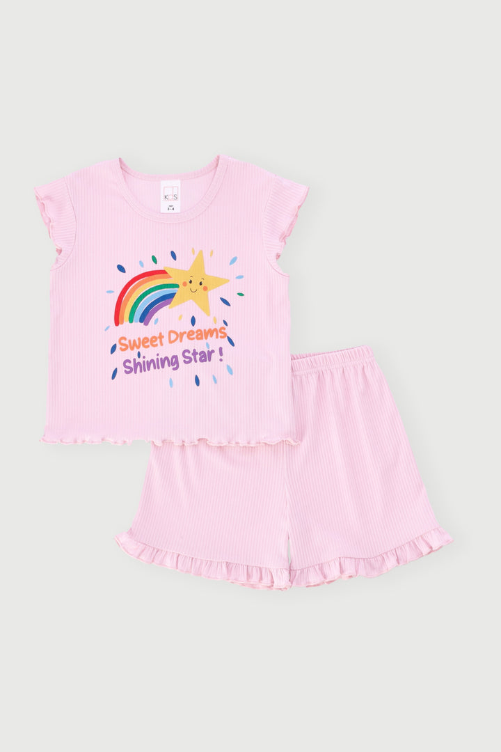 Pre-Girls Rainbow Dty Rib Sleep Set - Pink