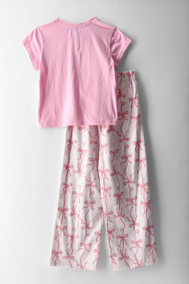 Girls Bows Print Flannel Set - Pink