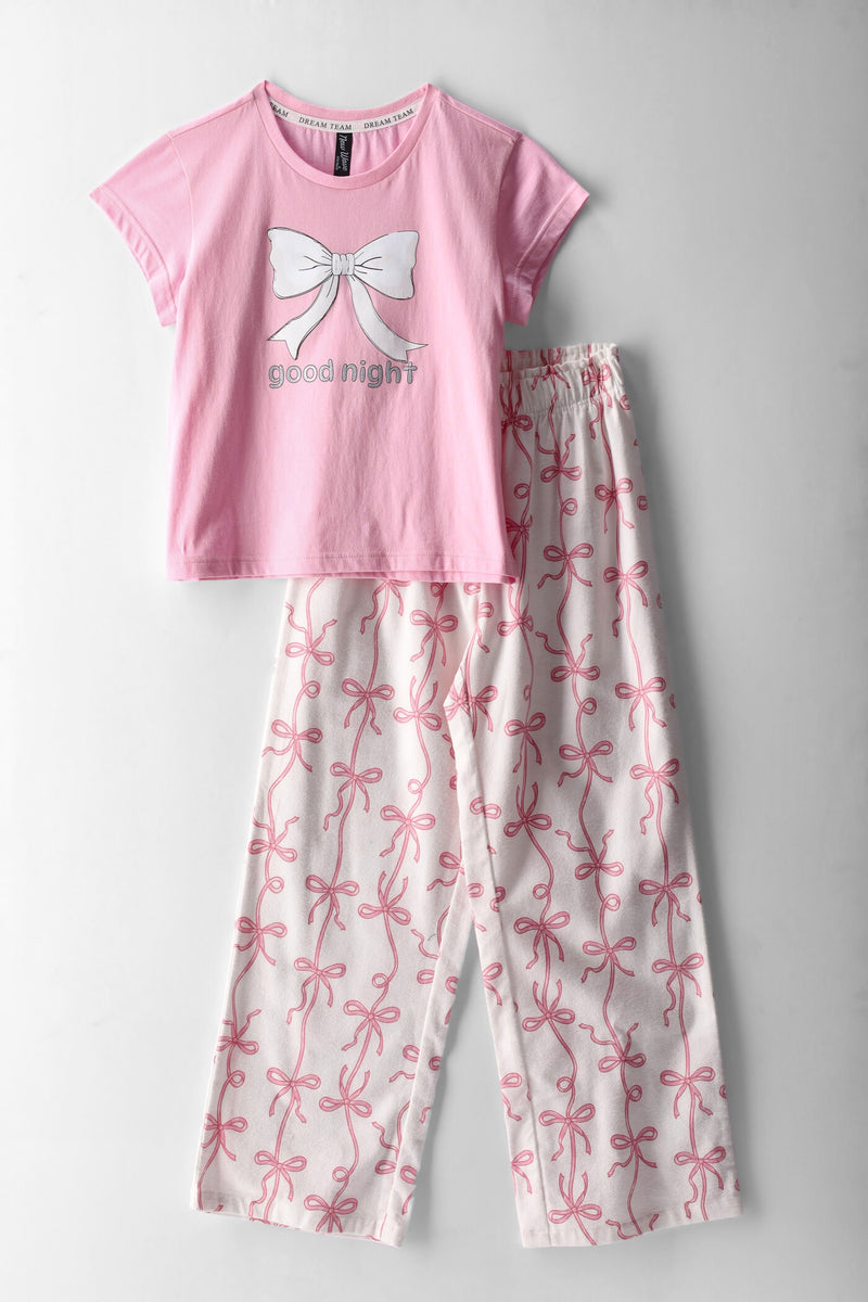 Girls Bows Print Flannel Set - Pink