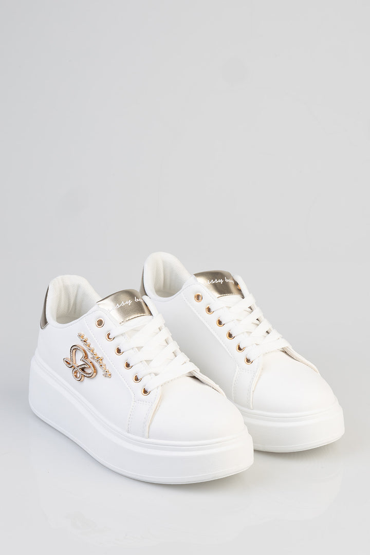 Classic Lace Up Logo Hardward Chunky Sneaker - White