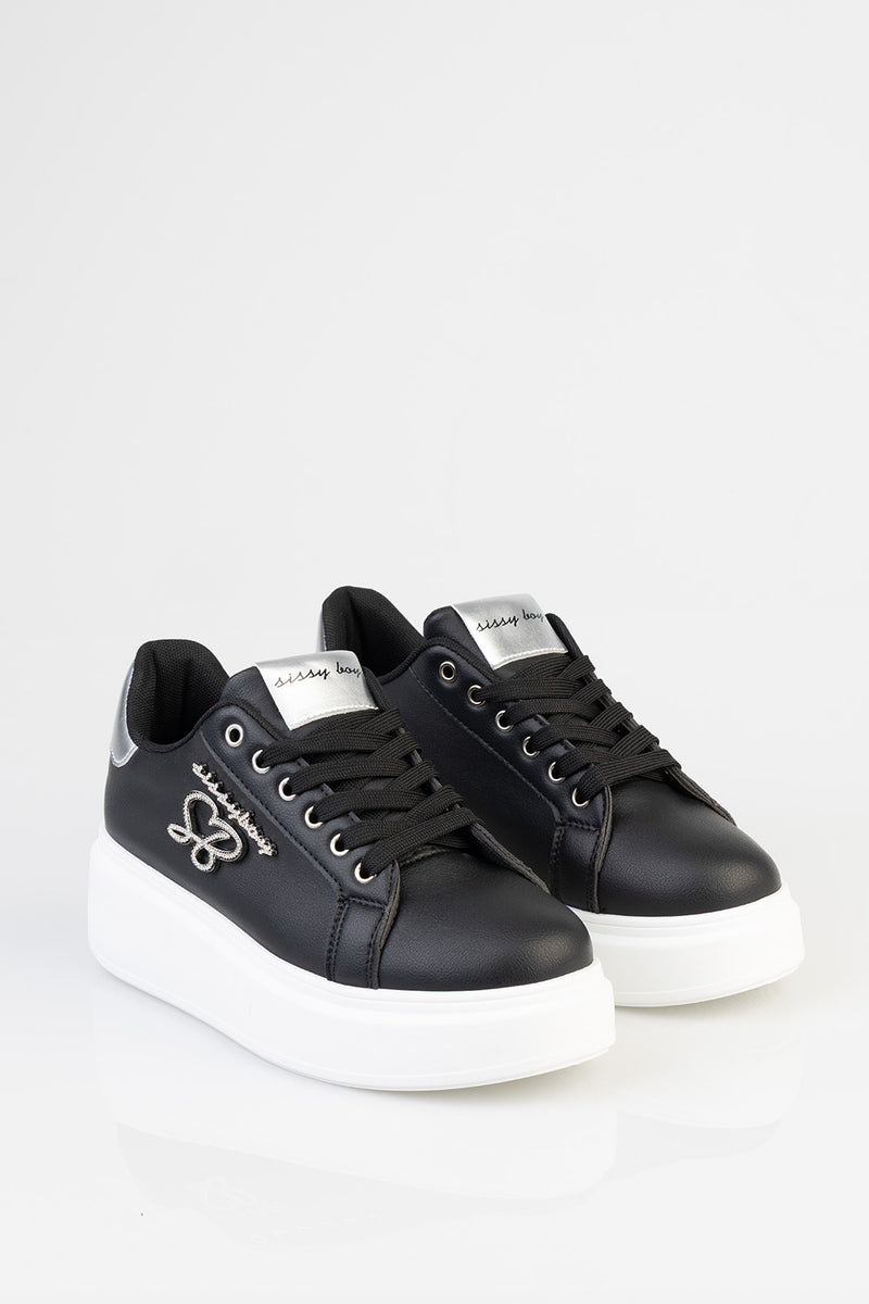 Classic Lace Up Logo Hardward Chunky Sneaker - Black