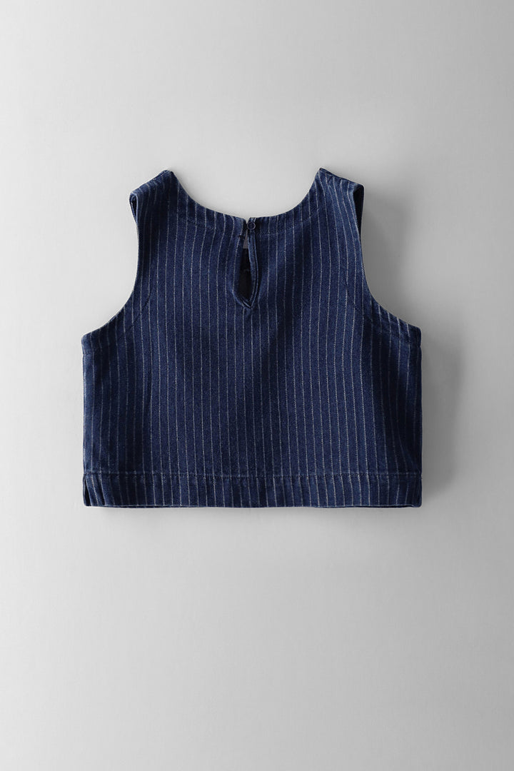 Girls Denim Pinstripe Top - Mid Blue