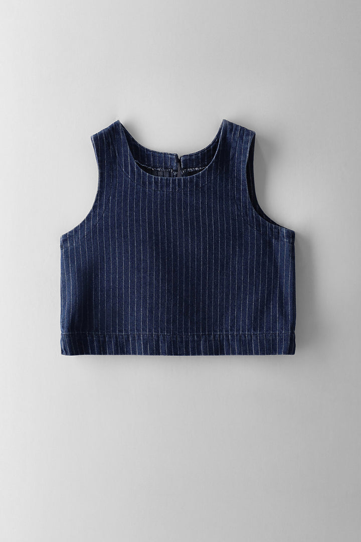Girls Denim Pinstripe Top - Mid Blue