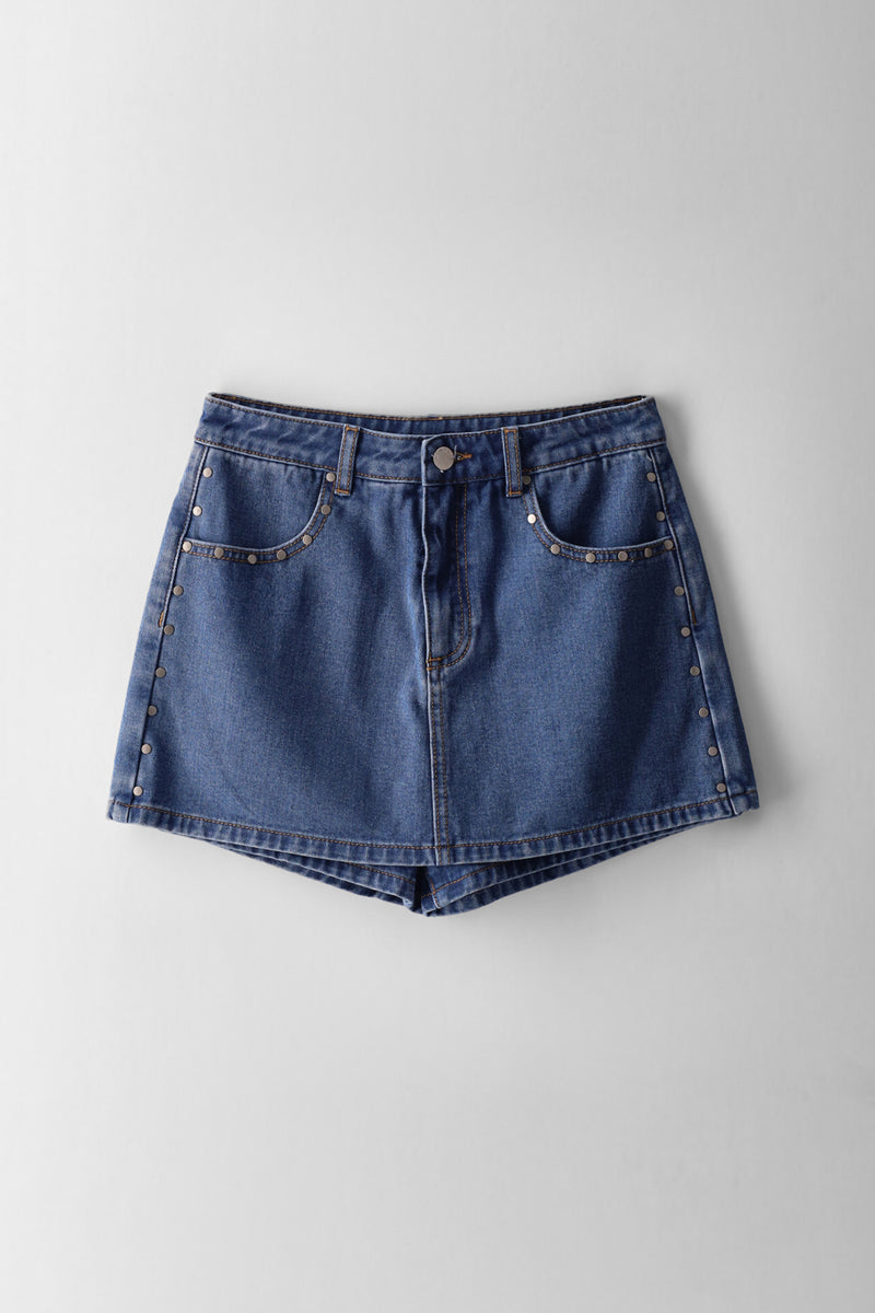 Girls Stud Detail Denim Skort - Blue