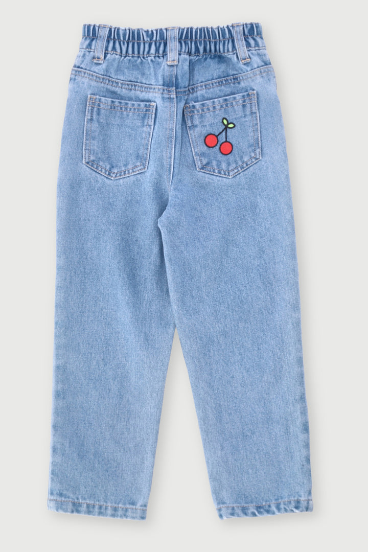 Pre-Girls Bow & Flower Printed Denim - Light Blue