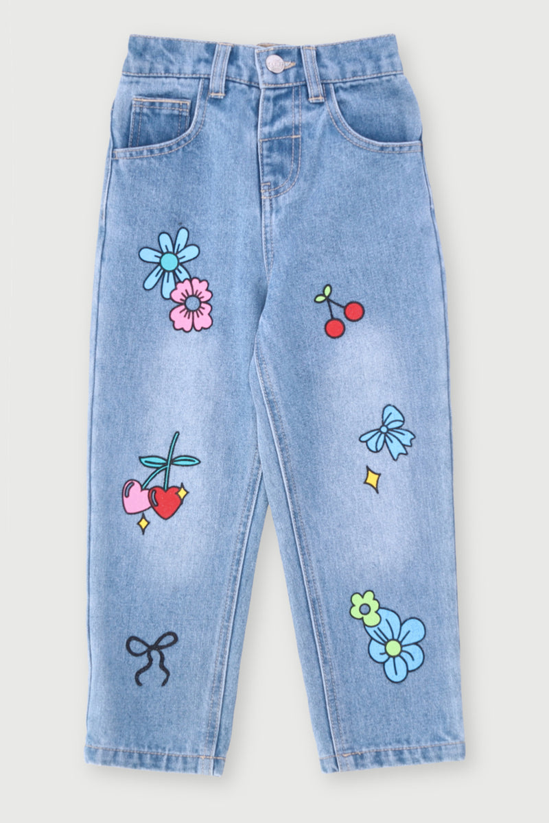 Pre-Girls Bow & Flower Printed Denim - Light Blue