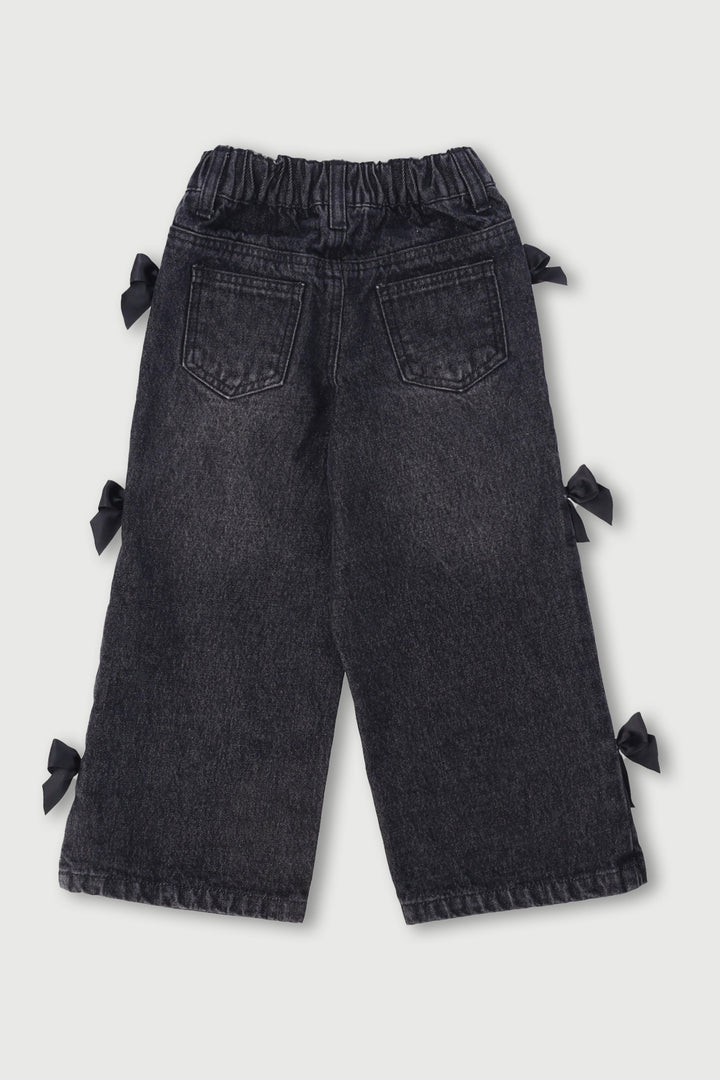 Pre-Girls 3D Bow Wide Leg Denim - Charcoal