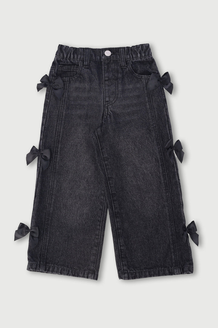 Pre-Girls 3D Bow Wide Leg Denim - Charcoal