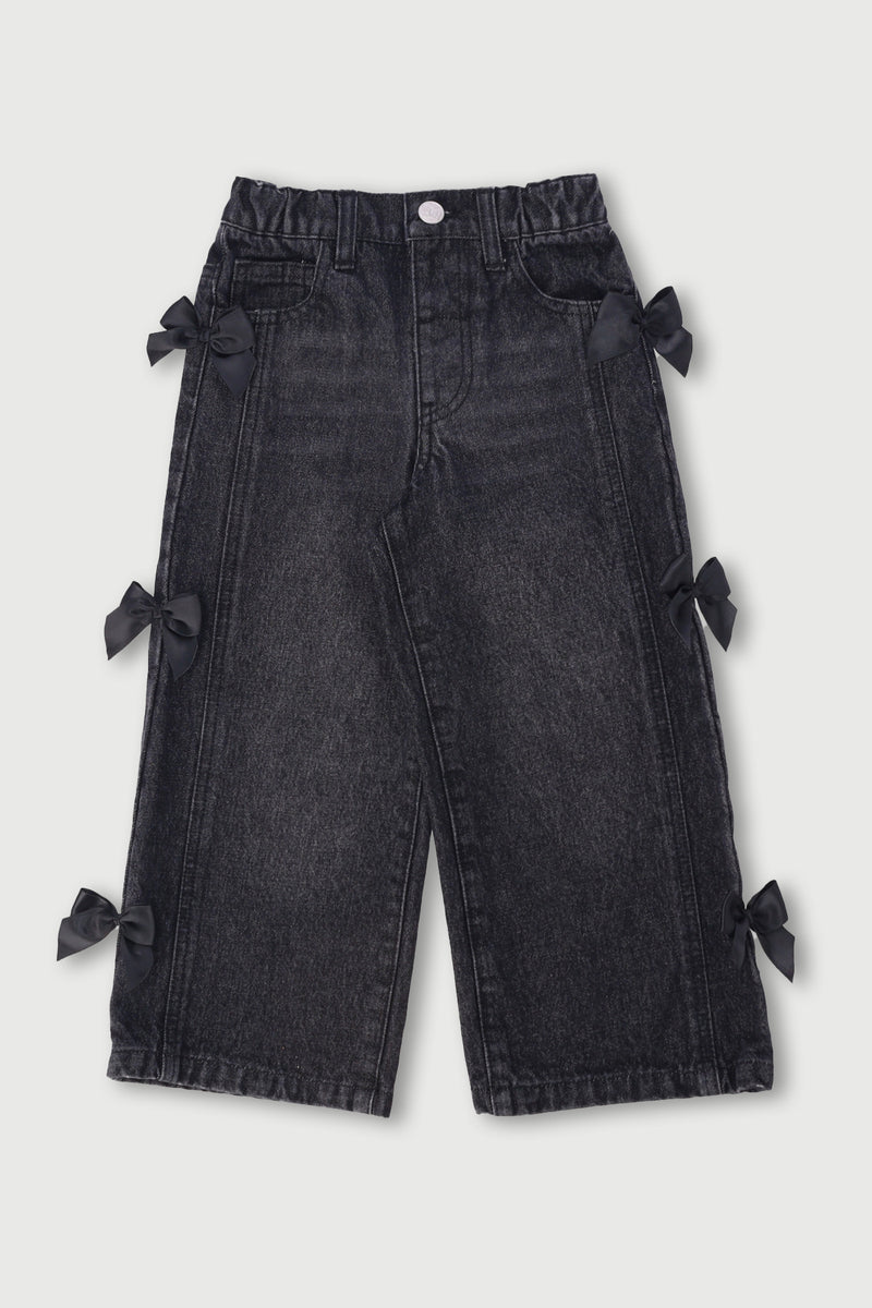 Pre-Girls 3D Bow Wide Leg Denim - Charcoal
