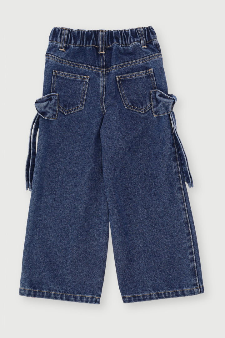 Pre-Girls Bow Pockets Wide Leg Denim - Dark Blue