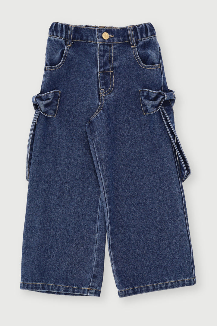 Pre-Girls Bow Pockets Wide Leg Denim - Dark Blue