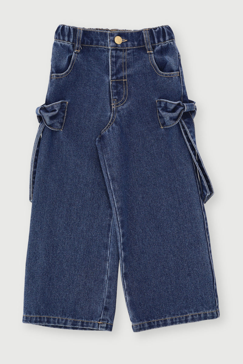 Pre-Girls Bow Pockets Wide Leg Denim - Dark Blue