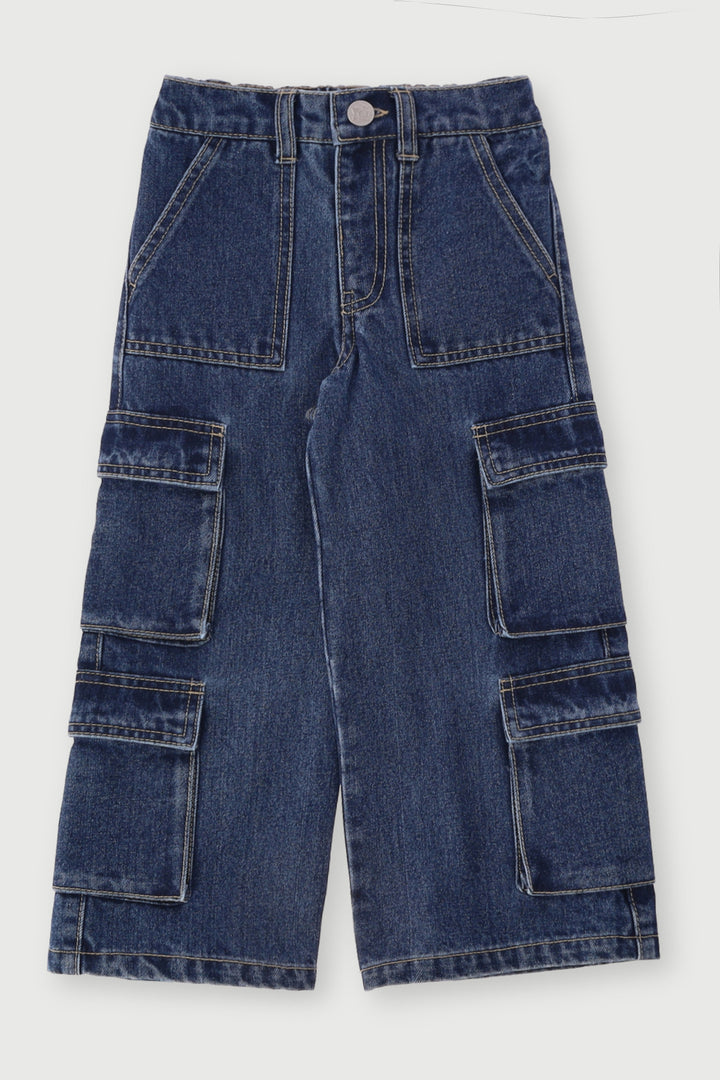 Pre-Girls Cargo Straps Wide Leg Denim - Mid Blue