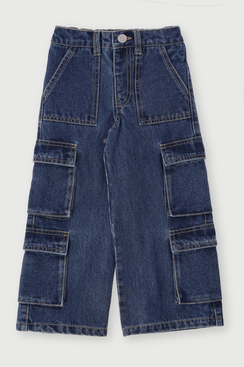 Pre-Girls Cargo Straps Wide Leg Denim - Mid Blue