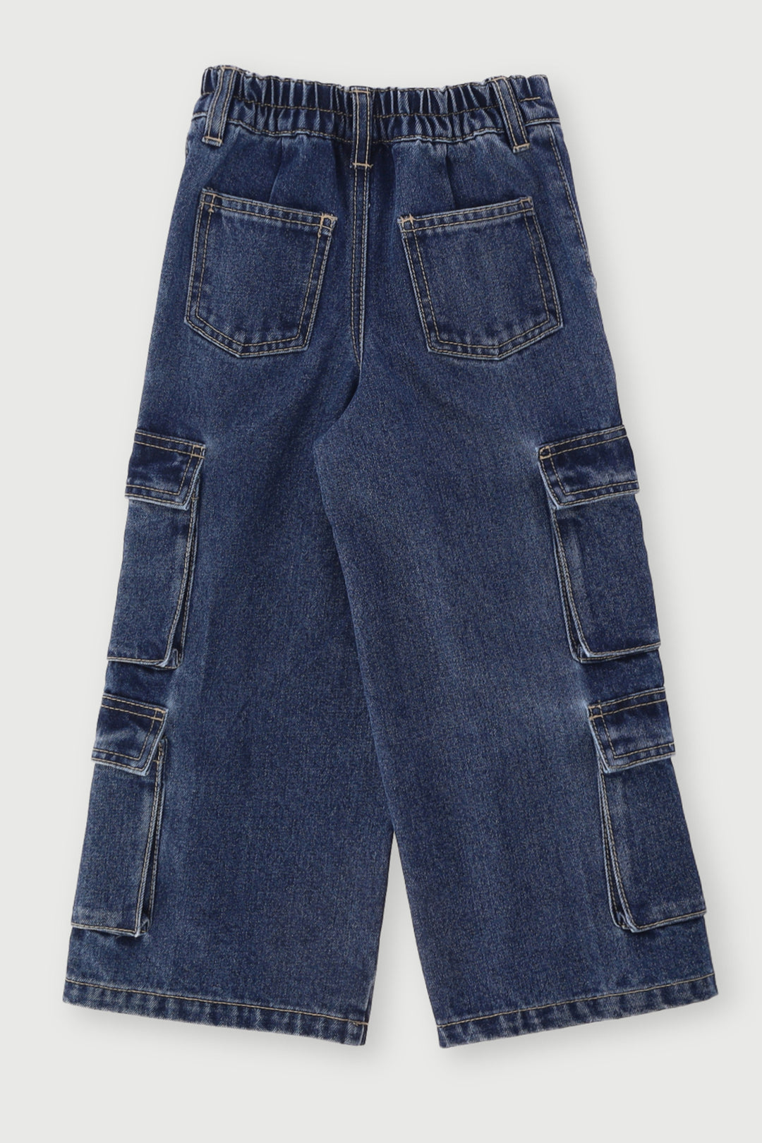 Pre-Girls Cargo Straps Wide Leg Denim - Mid Blue