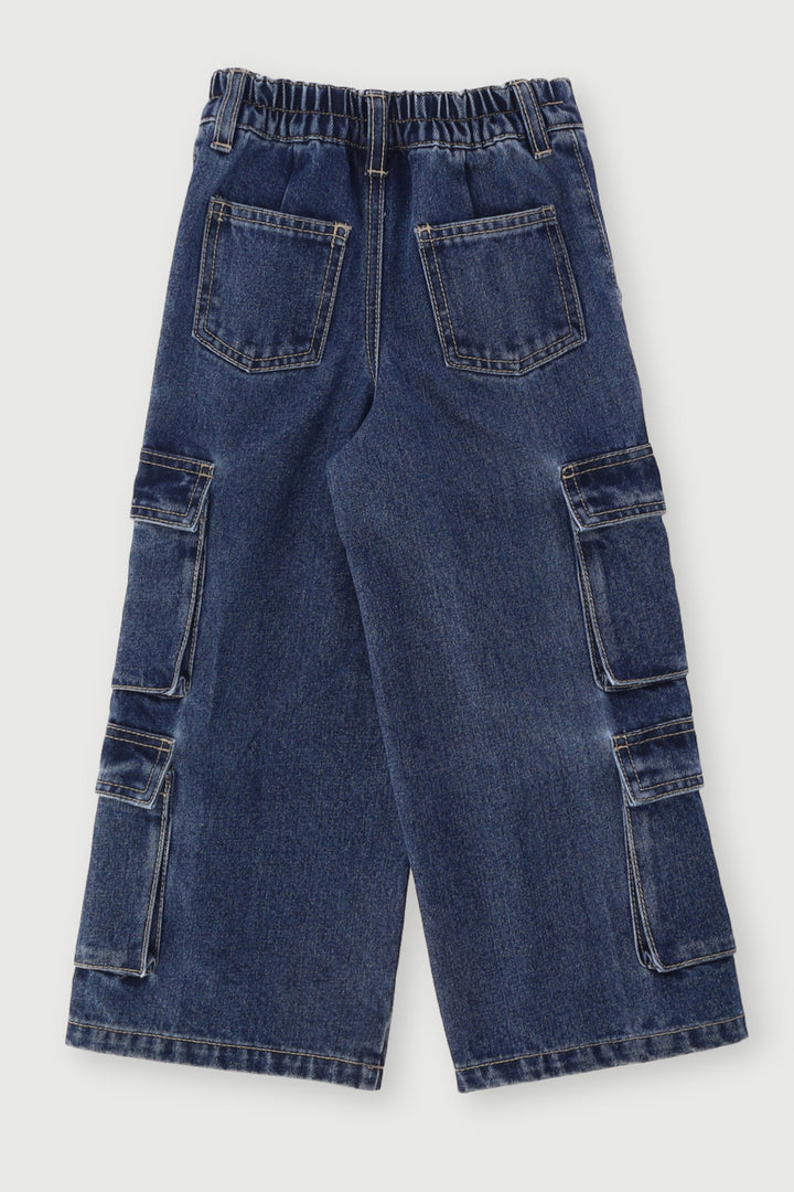 Pre-Girls Cargo Straps Wide Leg Denim - Mid Blue
