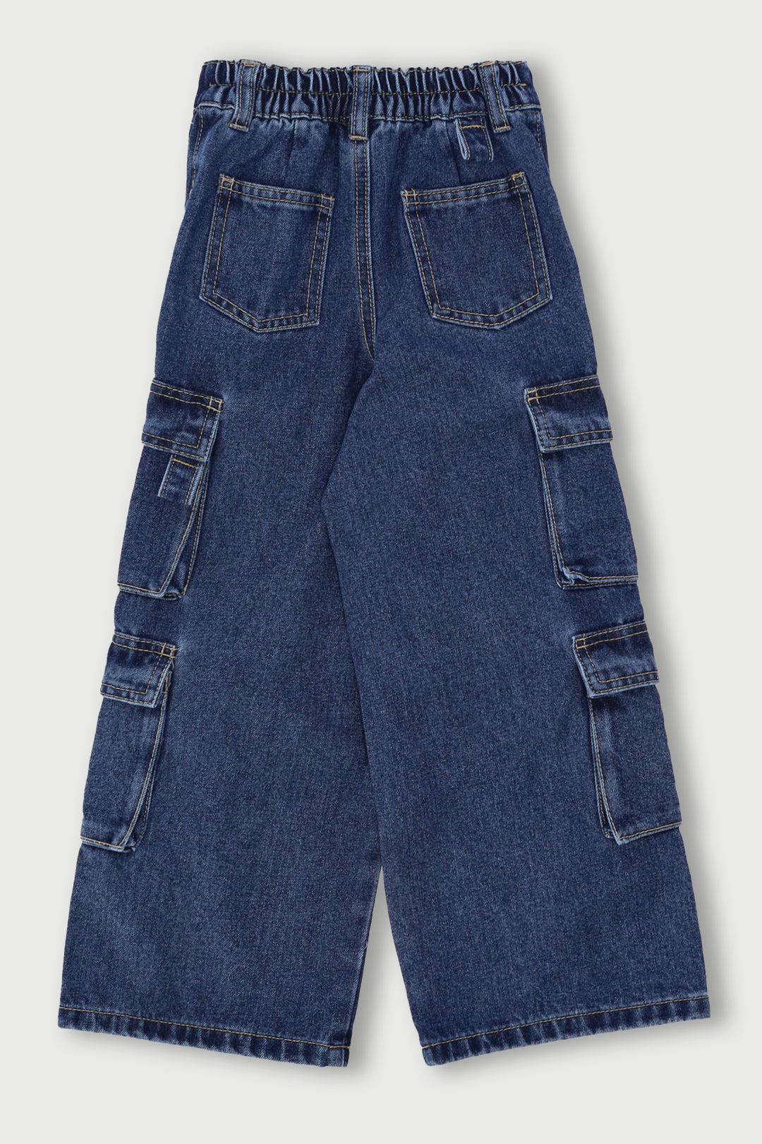 Pre-Girls Cargo Straps Wide Leg Denim - Mid Blue