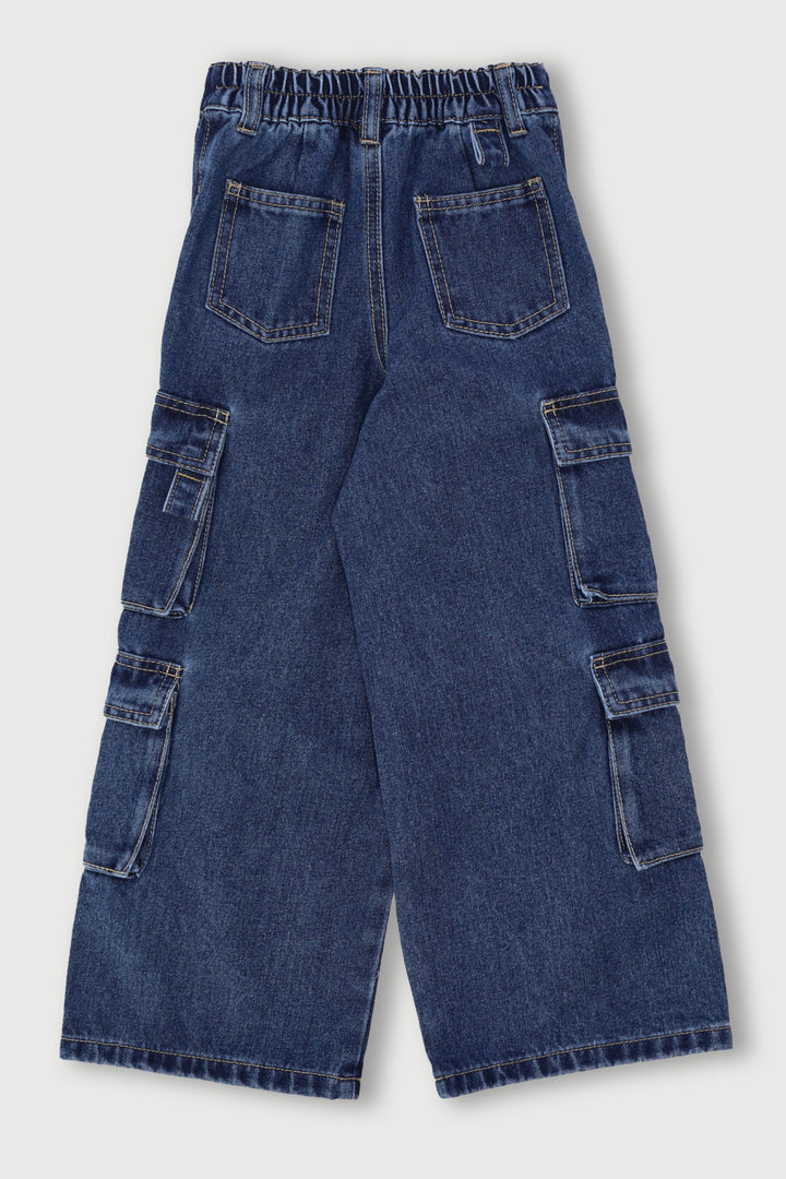 Pre-Girls Cargo Straps Wide Leg Denim - Mid Blue