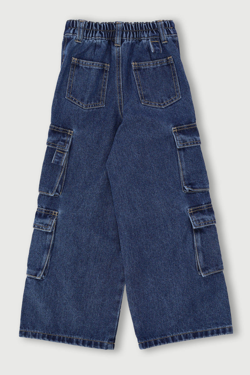 Pre-Girls Cargo Straps Wide Leg Denim - Mid Blue
