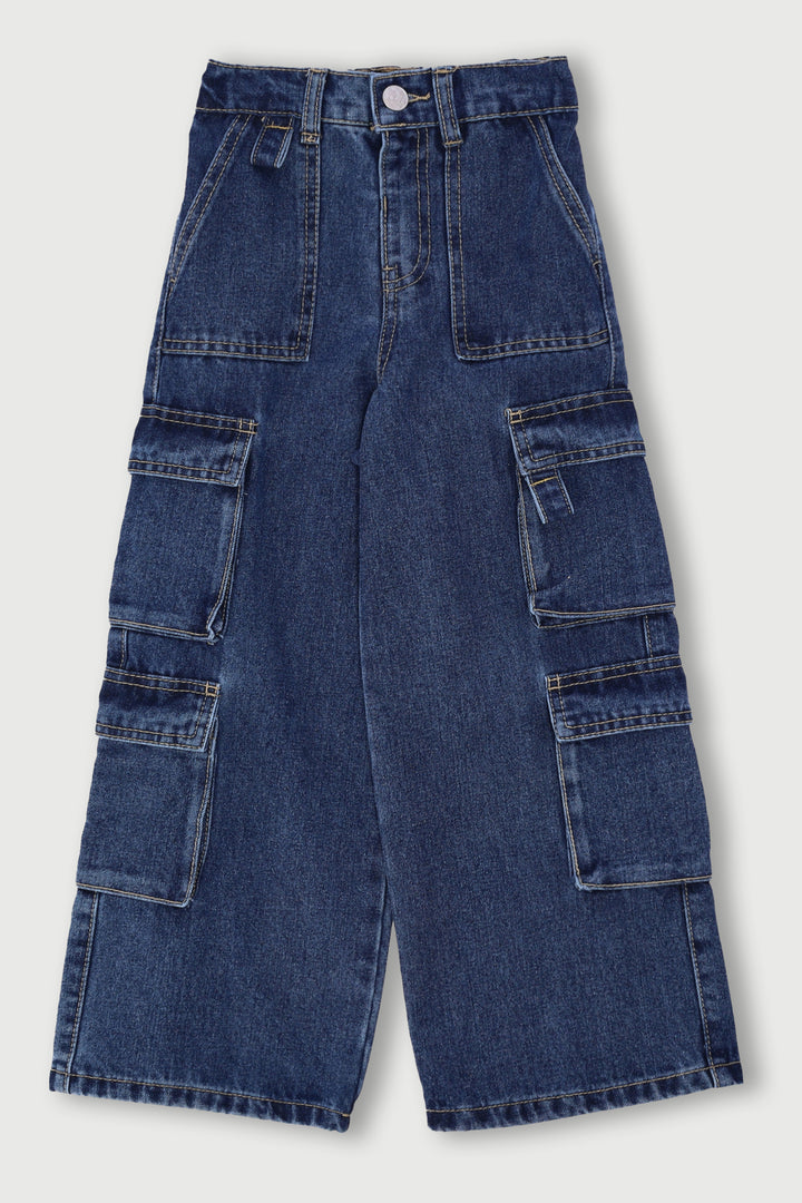 Pre-Girls Cargo Straps Wide Leg Denim - Mid Blue