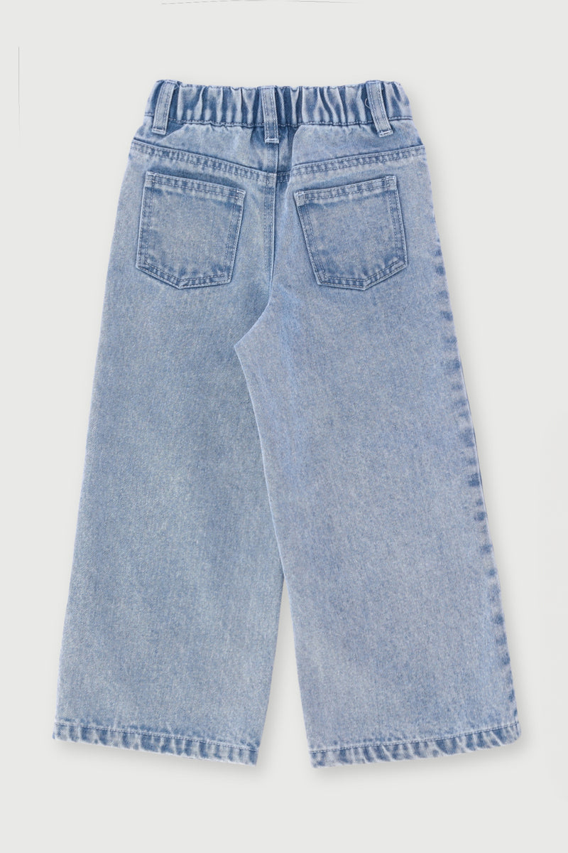 Pre-Girls Hearts Applique Wide Leg Denim - Light Blue