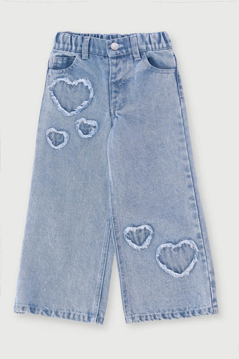 Pre-Girls Hearts Applique Wide Leg Denim - Light Blue