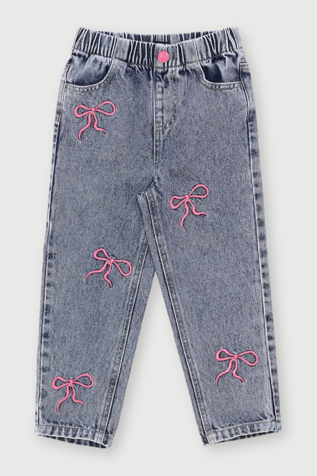 Pre-Girls Bow Embroidery Mom Jean - Mid Blue