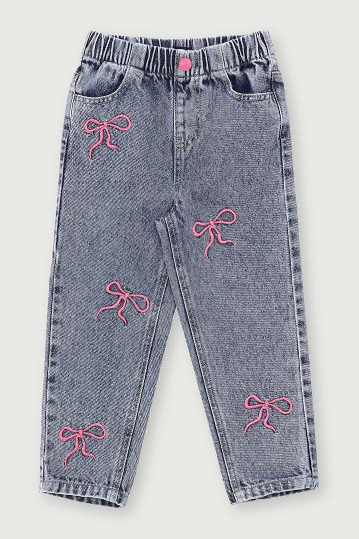 Pre-Girls Bow Embroidery Mom Jean - Mid Blue