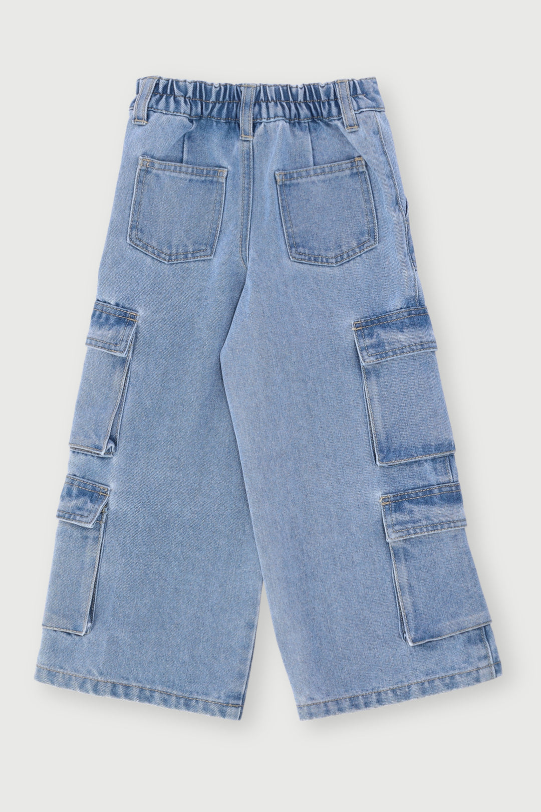 Pre-Girls Cargo Straps Wide Leg Denim - Light Blue