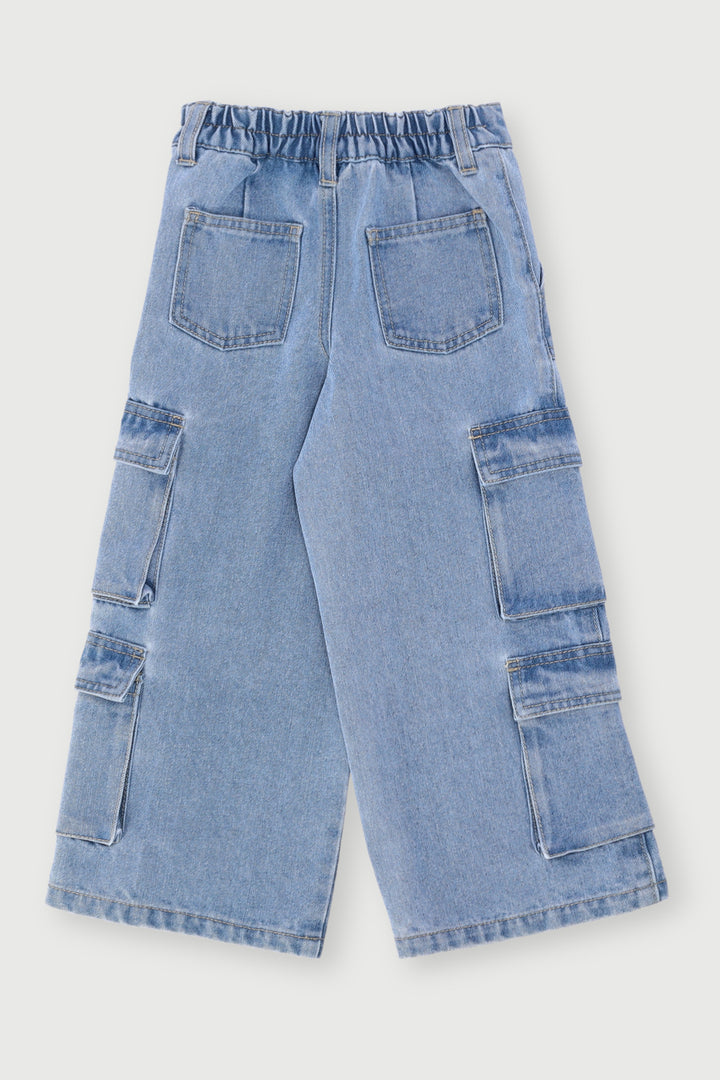 Pre-Girls Cargo Straps Wide Leg Denim - Light Blue