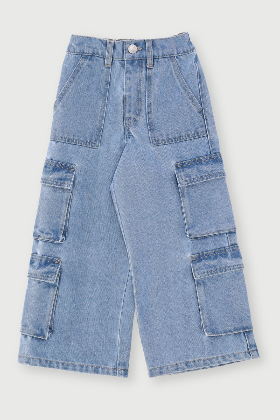 Pre-Girls Cargo Straps Wide Leg Denim - Light Blue