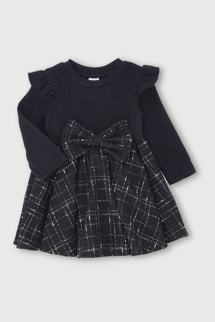 Baby Girls Check With Bow Combo Dress - Black/White