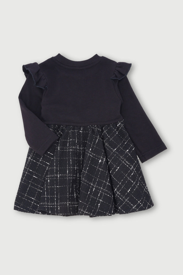 Baby Girls Check With Bow Combo Dress - Black/White