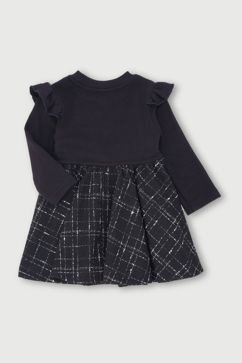 Baby Girls Check With Bow Combo Dress - Black/White