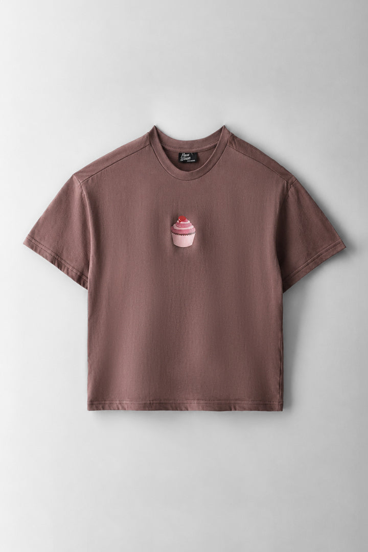 Girls Taupe Cupcake Print Basic Tee - Taupe