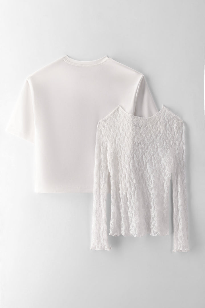Girls Oversized Combo Lace Long Sleeve Tee - Off White